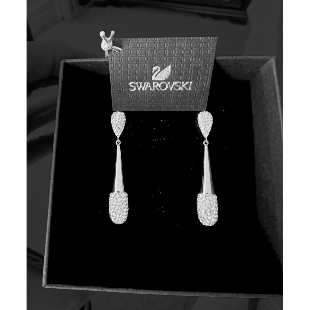 Swarovski Cypress Pierced Drop Earrings Rhodium Clear Crystal Pointiage 1.77”